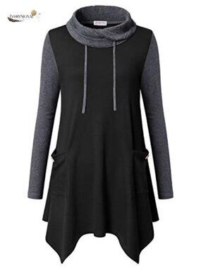 Womens Cowl Neck Long Asymmetrical Tunic Sweater for Leggings - Winter Holiday
